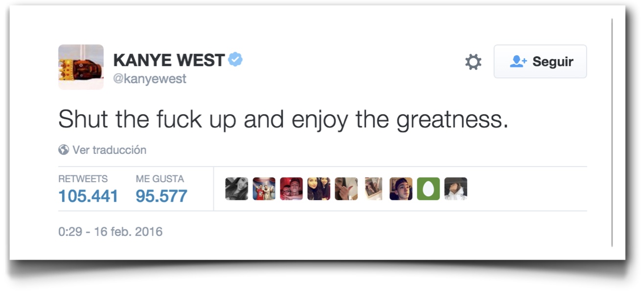 Kanye West (@kanyewest) status update #699376240709402624 - Twitter