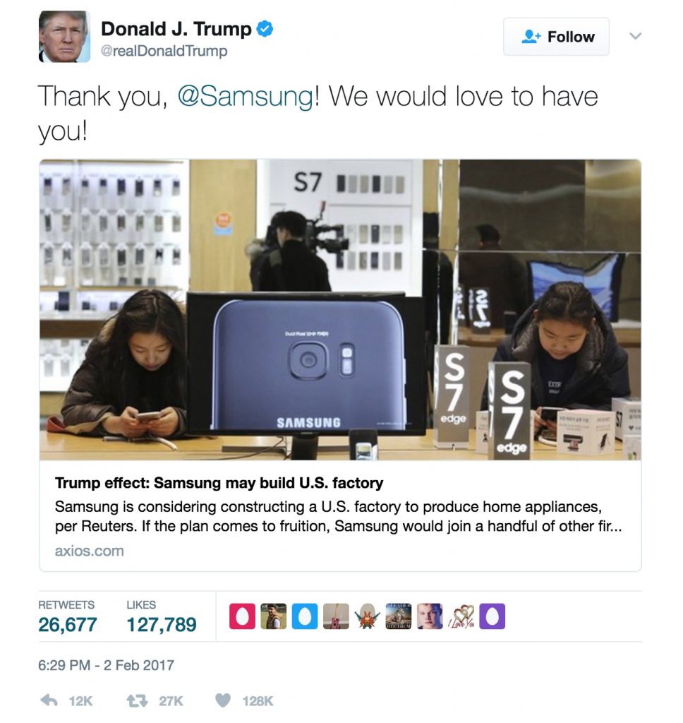 Trump's tweet on Samsung