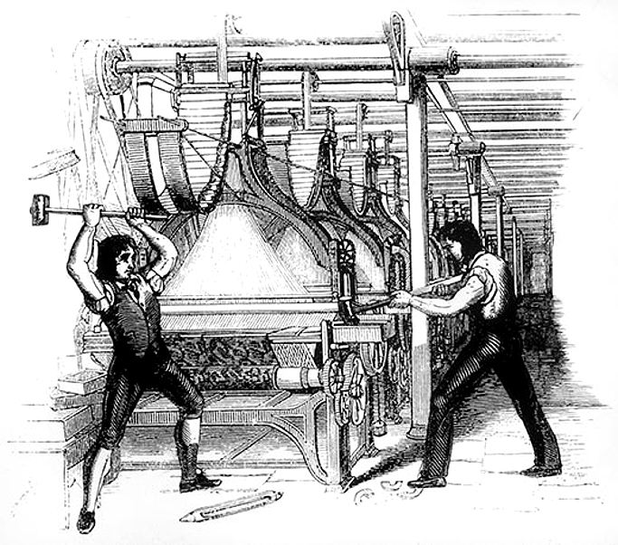 Frame-breakers, or Luddites, smashing a loom (Source: Wikipedia)
