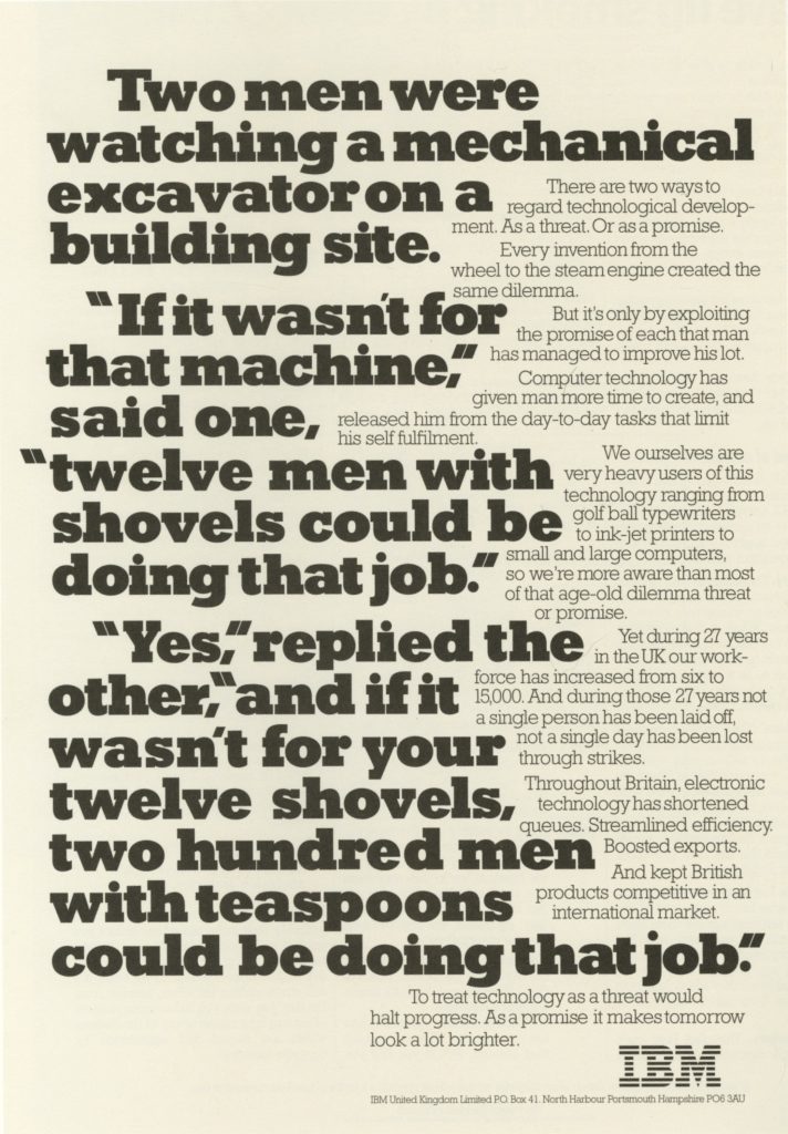IBM "mechanical excavators vs. teaspoons" ad (Saatchi & Saatchi, early '80s)