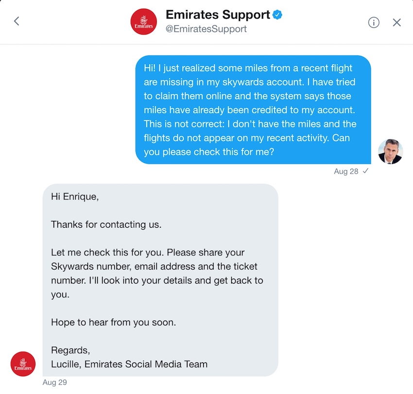 Emirates customer service on Twitter