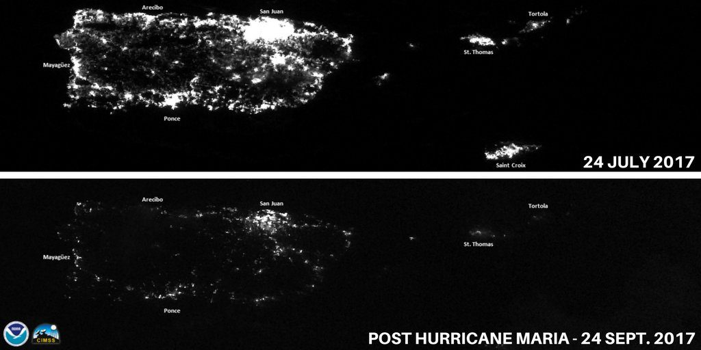 The power grid of Puerto Rico before and immediately Hurricane Maria (NOAA)