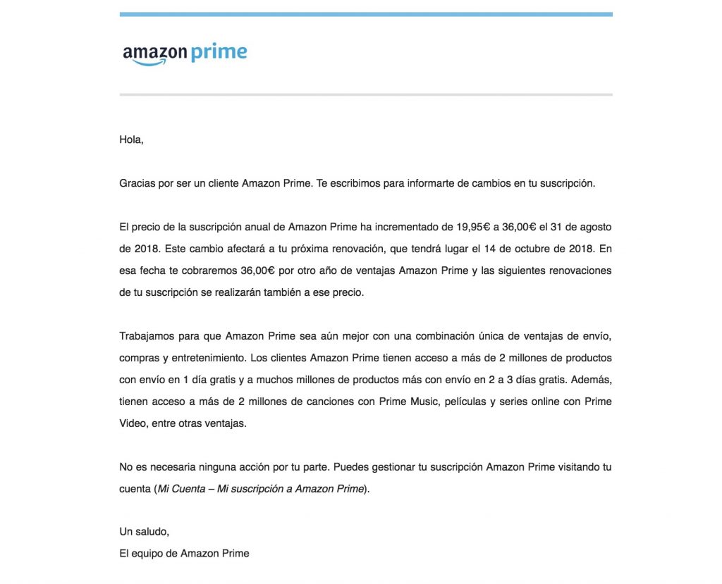Amazon Prime price increase in Spain