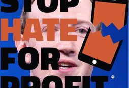 IMAGE: Mark Zuckerberg w/ Stop Hate for Profit logo.