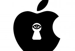 IMAGE: Apple logo and eye peeking through keyhole