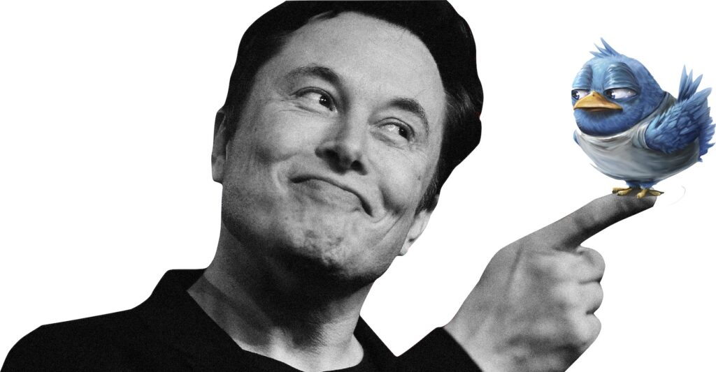 IMAGE: A photo of Elon Musk in black and white, and the Twitter bird on his finger 