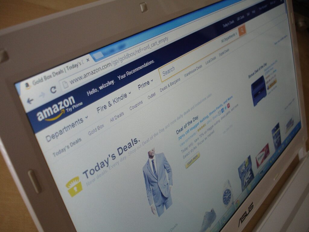 IMAGE: An open laptop with an Amazon page opened 