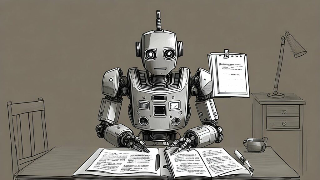 IMAGE: A robot seating at a table and reading documents (Thank You Fantasy Pictures - Pixabay)