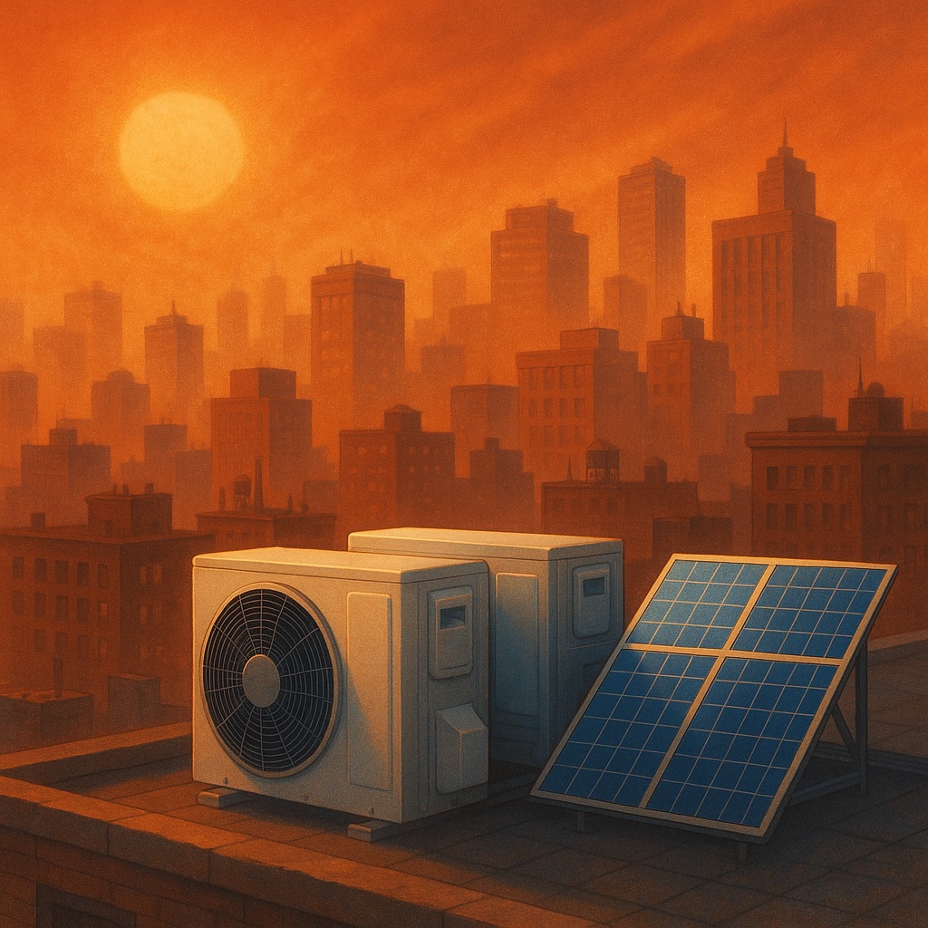 IMAGE: View of a rooftop with air conditioning units and solar panels, under an orange sky suggesting an intense heat wave over the city