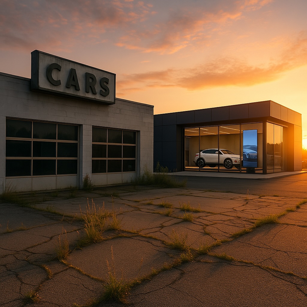 IMAGE: An abandoned, weed-covered car dealership in the foreground and a modern, glass-walled EV showroom glowing in the sunrise behind it