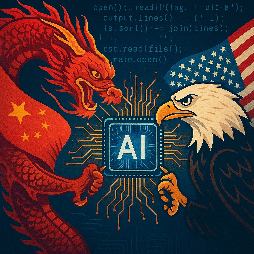IMAGE: A red Chinese dragon and an American bald eagle pulling on opposite sides of a glowing AI microchip over a circuit-board background dotted with snippets of open-source code