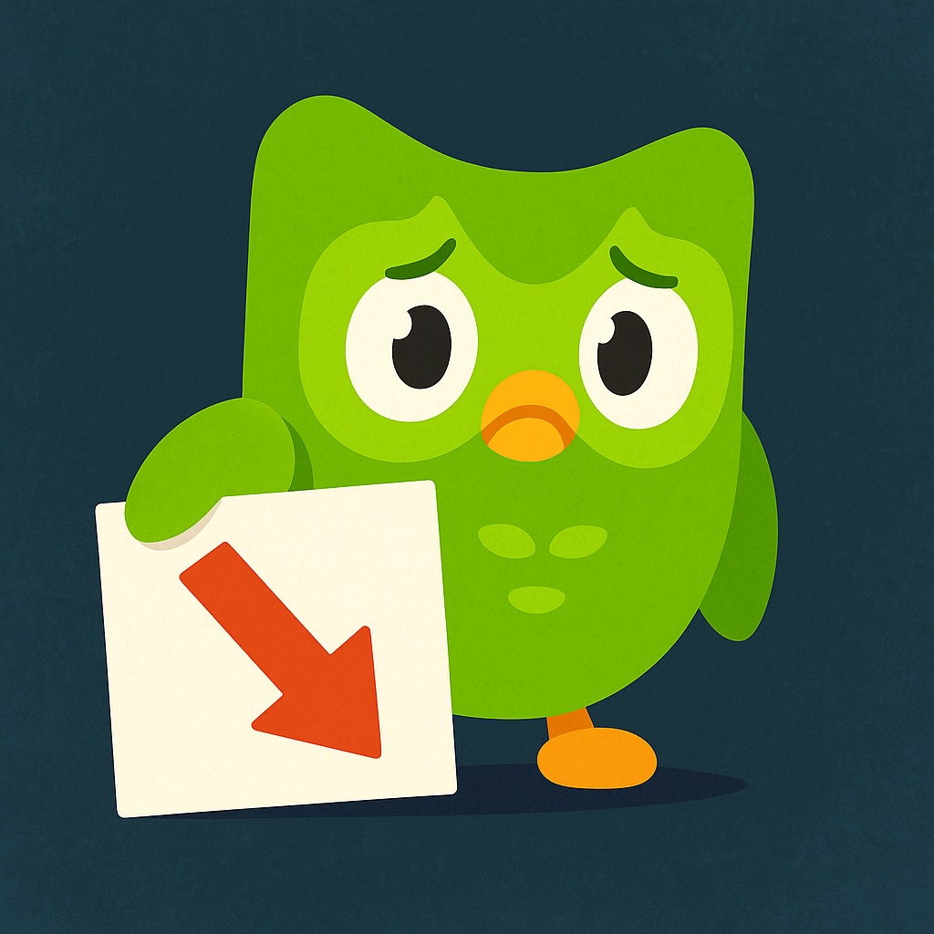 IMAGE: Duolingo’s green owl mascot, Duo, looking sad and holding a white sign with a big red downward arrow, symbolizing decline