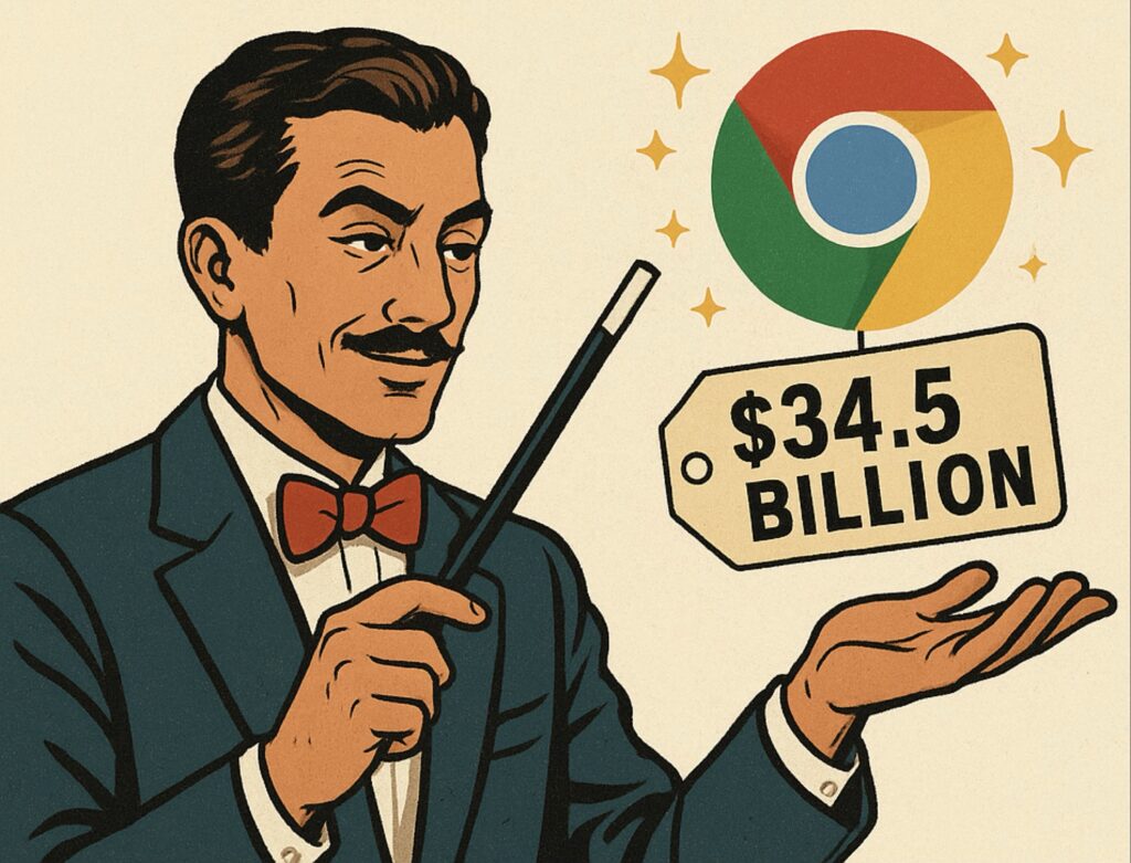 IMAGE: A retro-style magician levitates the Google Chrome logo while holding a wand, with a giant price tag of $34.5 billion, evoking irony and absurdity 
