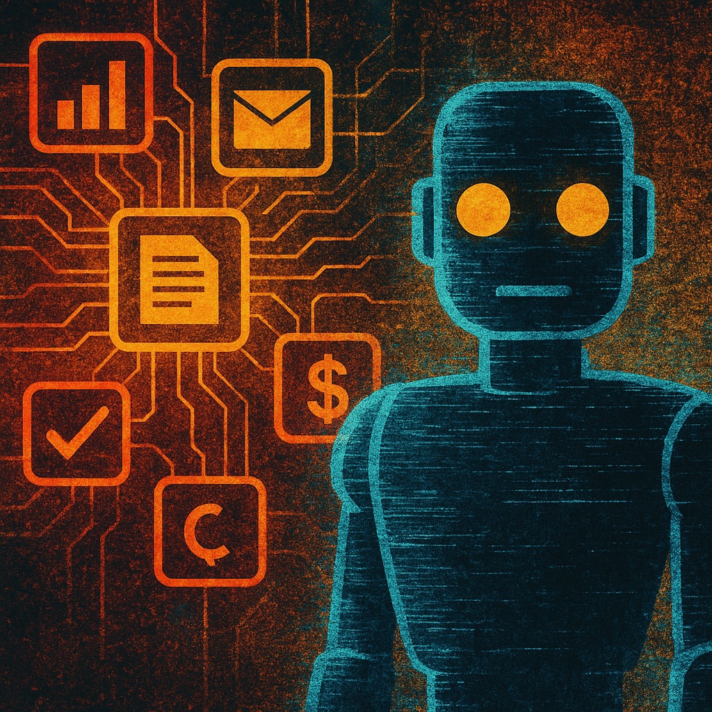 IMAGE: A humanoid AI figure with glowing orange eyes orchestrating multiple software icons like documents, charts, and emails, symbolizing AI agents replacing traditional applications