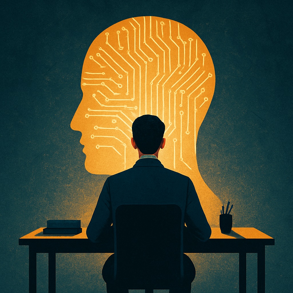 IMAGE: A man in a suit sits at a desk facing a large glowing head-shaped figure filled with circuit patterns, symbolizing an AI presence as his "boss"