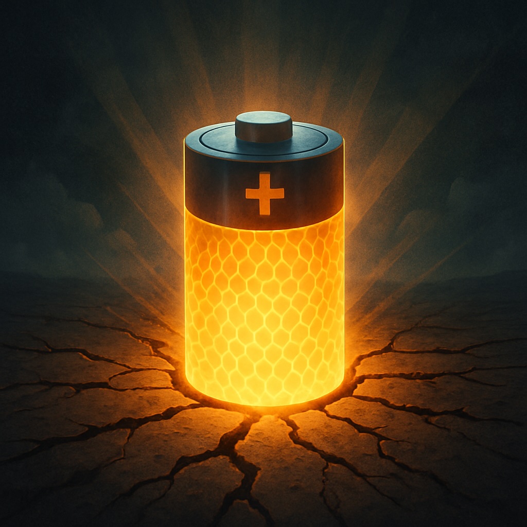 IMAGE: A giant glowing battery rises from cracked earth, radiating golden light into the dark sky, a symbol of the emerging power and promise of the battery revolution 