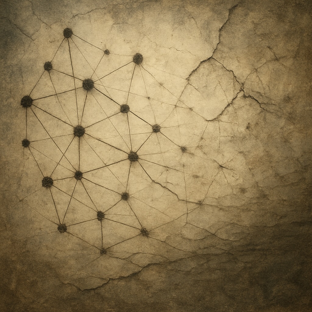 IMAGE: A cracked, aged surface with faint network lines and dark nodes, symbolizing the slow decay of the internet’s digital fabric and the erosion of collective memory