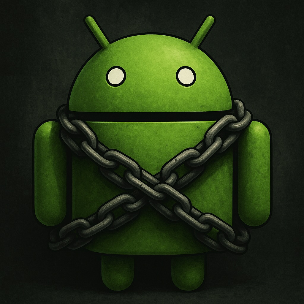 IMAGE: The Android robot stands bound in heavy chains against a dark background, symbolizing how Google's tightening control is restraining the openness of its once-free ecosystem 