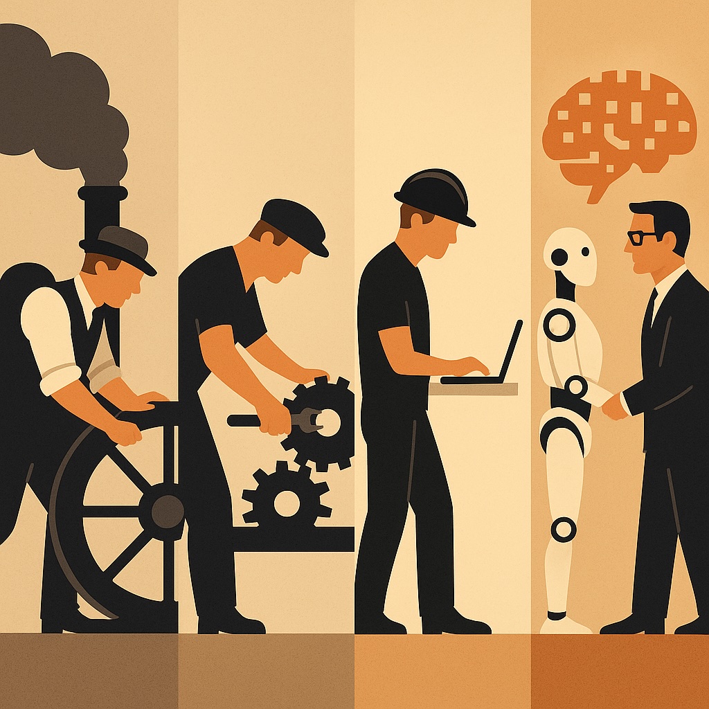 IMAGE: A timeline-style illustration showing workers evolving from operating steam machines to collaborating with a humanoid robot, symbolizing the continuous transformation of human labor through technological progress 