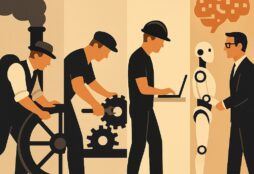 IMAGE: A timeline-style illustration showing workers evolving from operating steam machines to collaborating with a humanoid robot, symbolizing the continuous transformation of human labor through technological progress