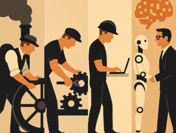 IMAGE: A timeline-style illustration showing workers evolving from operating steam machines to collaborating with a humanoid robot, symbolizing the continuous transformation of human labor through technological progress