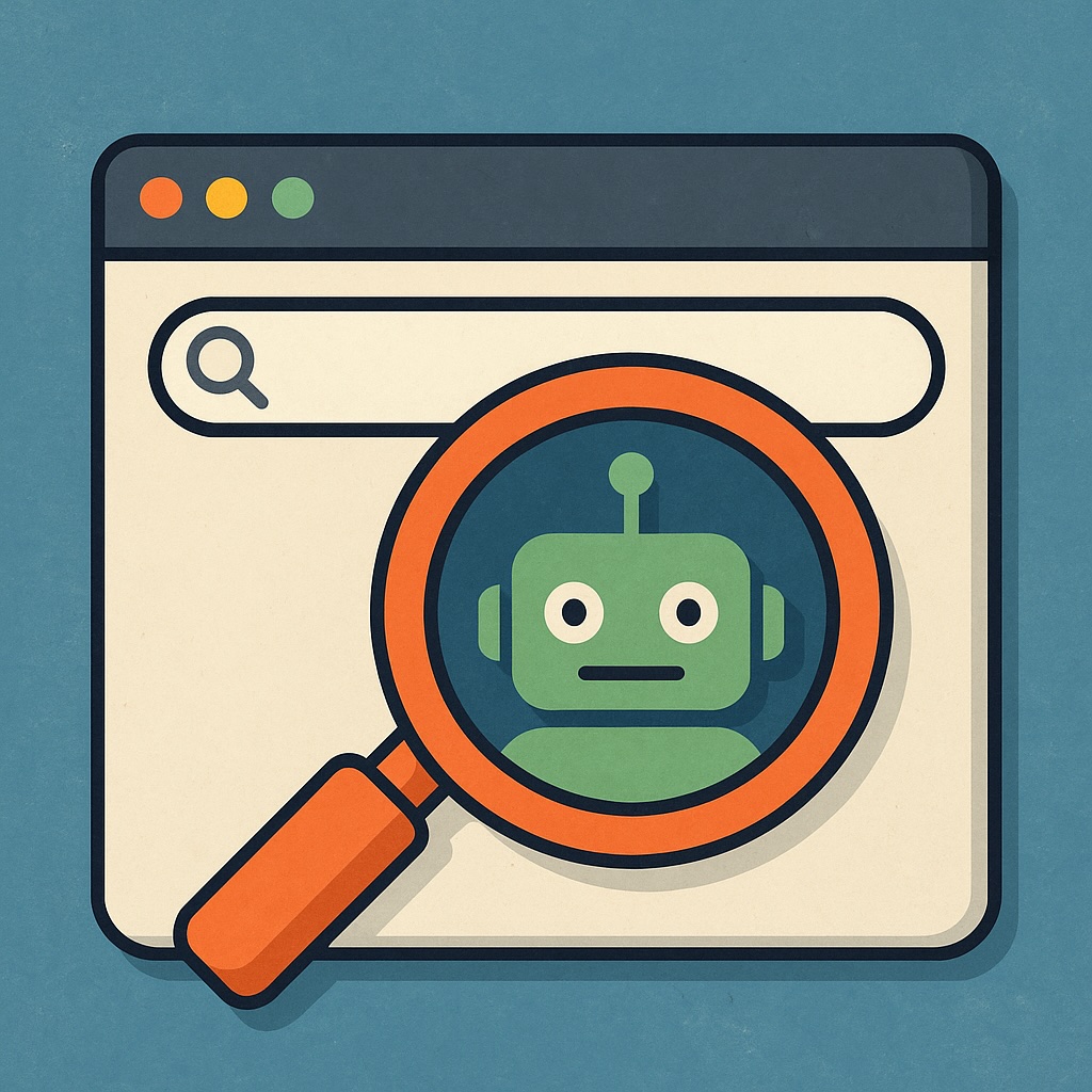 IMAGE: A browser window with a magnifying glass reveals a small robot face inside, symbolizing how AI-powered browsers observe users while pretending to assist them