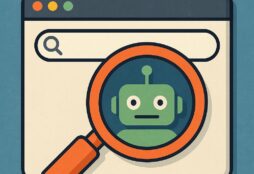 IMAGE: A browser window with a magnifying glass reveals a small robot face inside, symbolizing how AI-powered browsers observe users while pretending to assist them