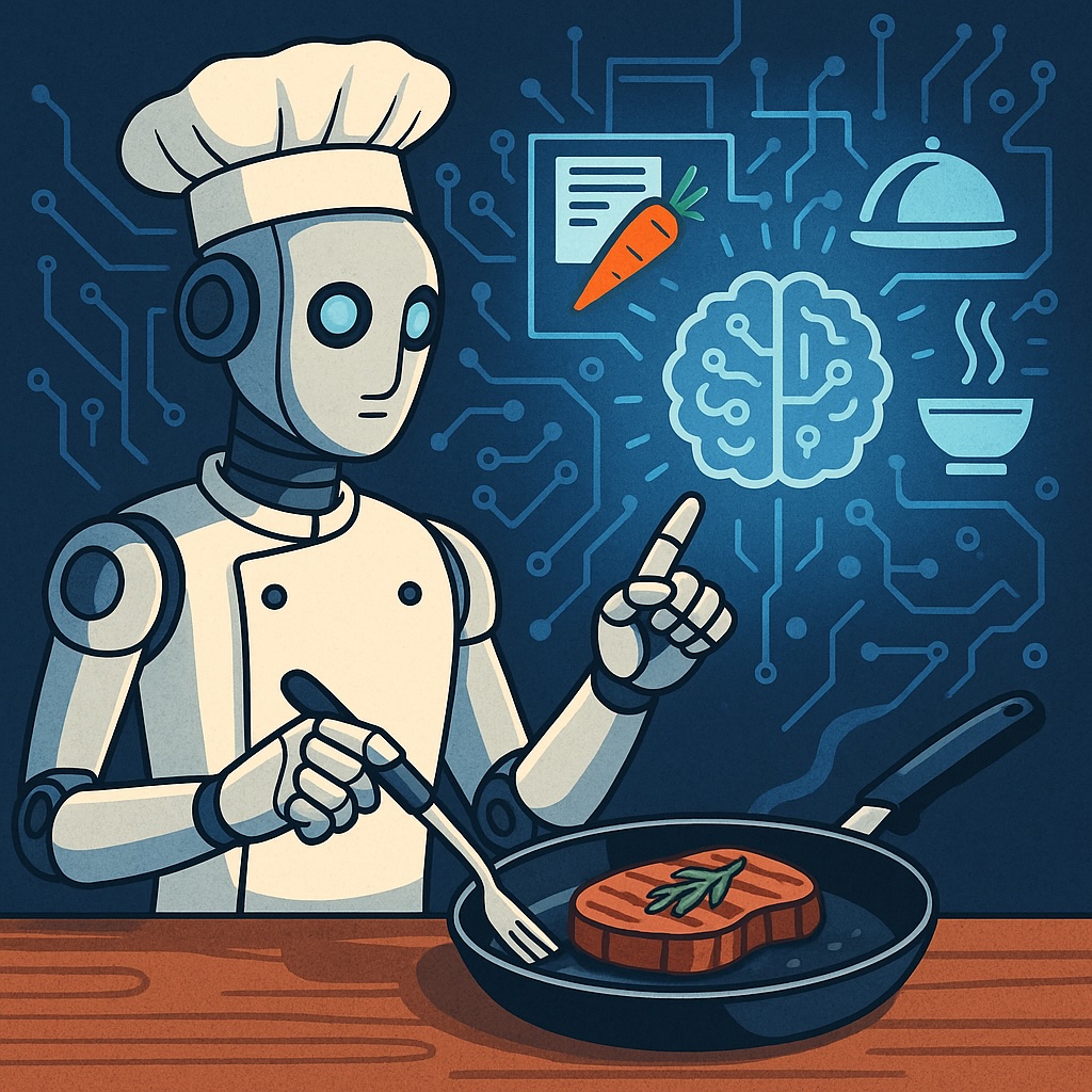 IMAGE: A humanoid robot dressed as a chef cooks a steak on a pan while interacting with holographic recipe icons and a glowing brain symbol, representing artificial intelligence in the kitchen 