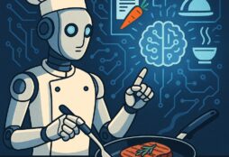 IMAGE: A humanoid robot dressed as a chef cooks a steak on a pan while interacting with holographic recipe icons and a glowing brain symbol, representing artificial intelligence in the kitchen