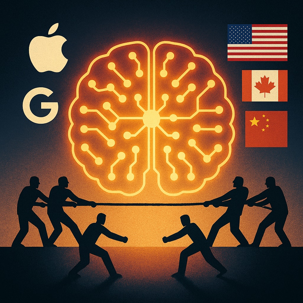 IMAGE: A glowing brain symbolizing AI talent being pulled in a tug-of-war between tech companies and national flags of the U.S., Canada, and China 
