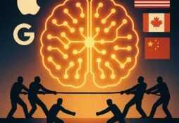 IMAGE: A glowing brain symbolizing AI talent being pulled in a tug-of-war between tech companies and national flags of the U.S., Canada, and China