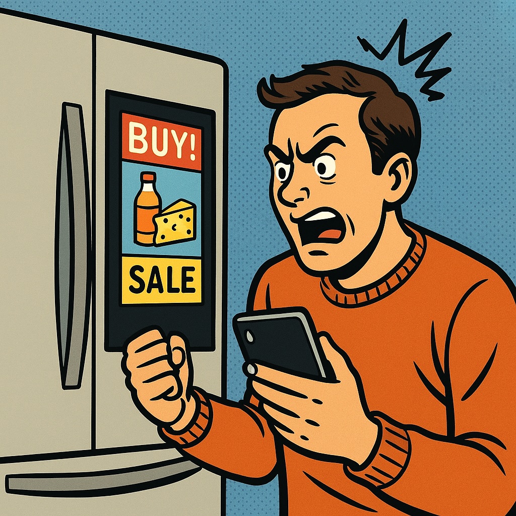 IMAGE: A comic-style illustration of a man angrily confronting his smart fridge as it displays bright ads for food, humorously capturing frustration with intrusive technology 