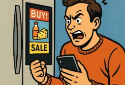 IMAGE: A comic-style illustration of a man angrily confronting his smart fridge as it displays bright ads for food, humorously capturing frustration with intrusive technology