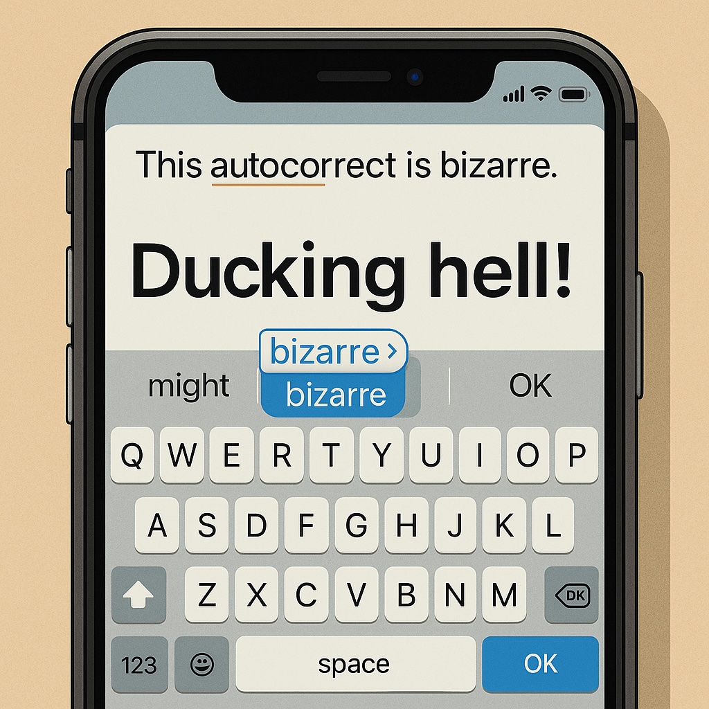 IMAGE: An iPhone screen shows a funny autocorrect fail reading “Ducking hell!” with the predictive text suggesting “bizarre,” humorously illustrating the frustrations of Apple's faulty autocorrect system 
