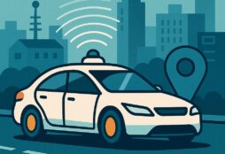 IMAGE: A stylized city scene shows a self-driving car emitting wireless signals as it navigates urban streets, symbolizing the rise of robotaxis and connected autonomous mobility