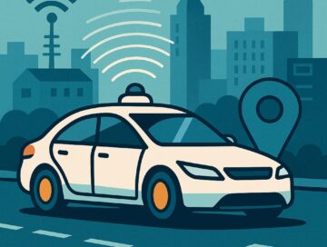 IMAGE: A stylized city scene shows a self-driving car emitting wireless signals as it navigates urban streets, symbolizing the rise of robotaxis and connected autonomous mobility