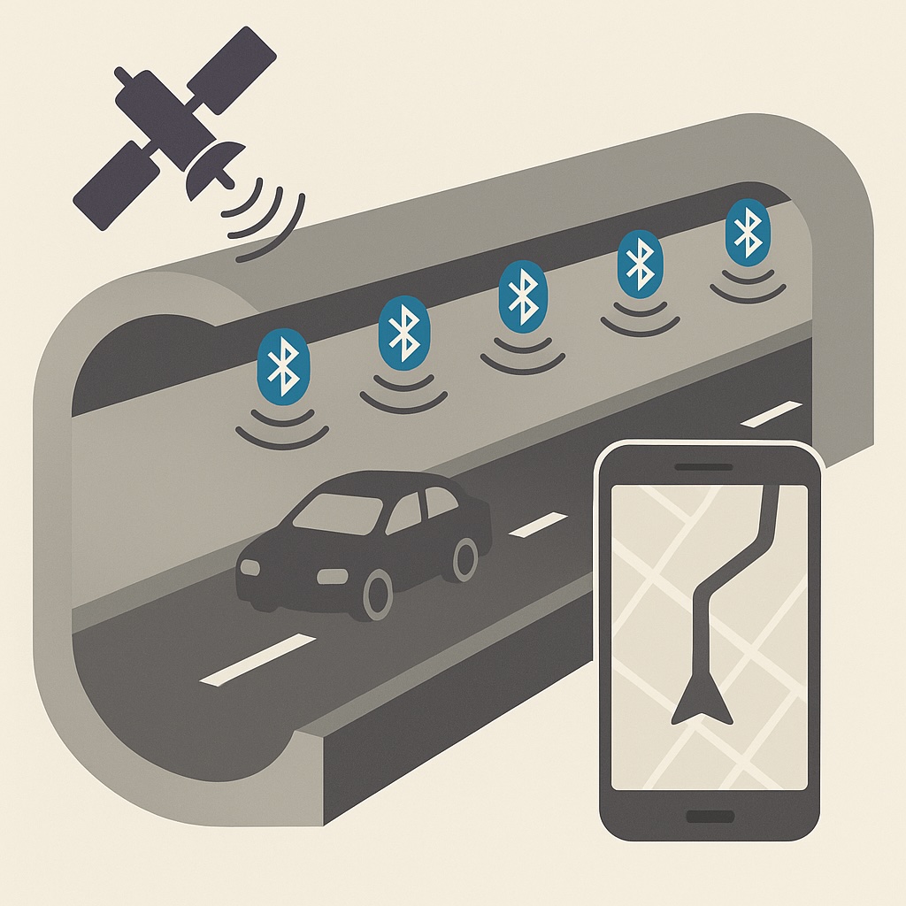 IMAGE: Ilustración que muestra un túnel urbano con un coche circulando, varias balizas Bluetooth en las paredes emitiendo señales, un satélite enviando datos desde el cielo y un teléfono móvil con un mapa que mantiene la ruta activa dentro del túnel 