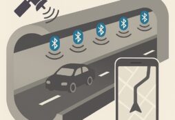 IMAGE: An illustration showing an urban tunnel with a car driving through it, several Bluetooth beacons on the walls emitting signals, a satellite sending data from the sky, and a mobile phone with a map keeping the route active inside the tunnel