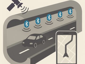 IMAGE: Ilustración que muestra un túnel urbano con un coche circulando, varias balizas Bluetooth en las paredes emitiendo señales, un satélite enviando datos desde el cielo y un teléfono móvil con un mapa que mantiene la ruta activa dentro del túnel