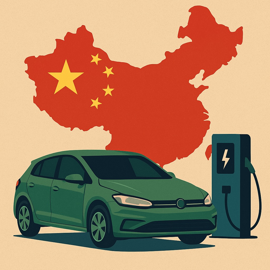 IMAGE: A green electric car next to a charging station, set against a red map of China with yellow stars, symbolizing China's role in global electric mobility 