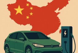 IMAGE: A green electric car next to a charging station, set against a red map of China with yellow stars, symbolizing China’s role in global electric mobility