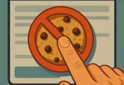IMAGE: A hand pressing a red “no” symbol over a chocolate chip cookie, representing the rejection of online cookie pop-ups