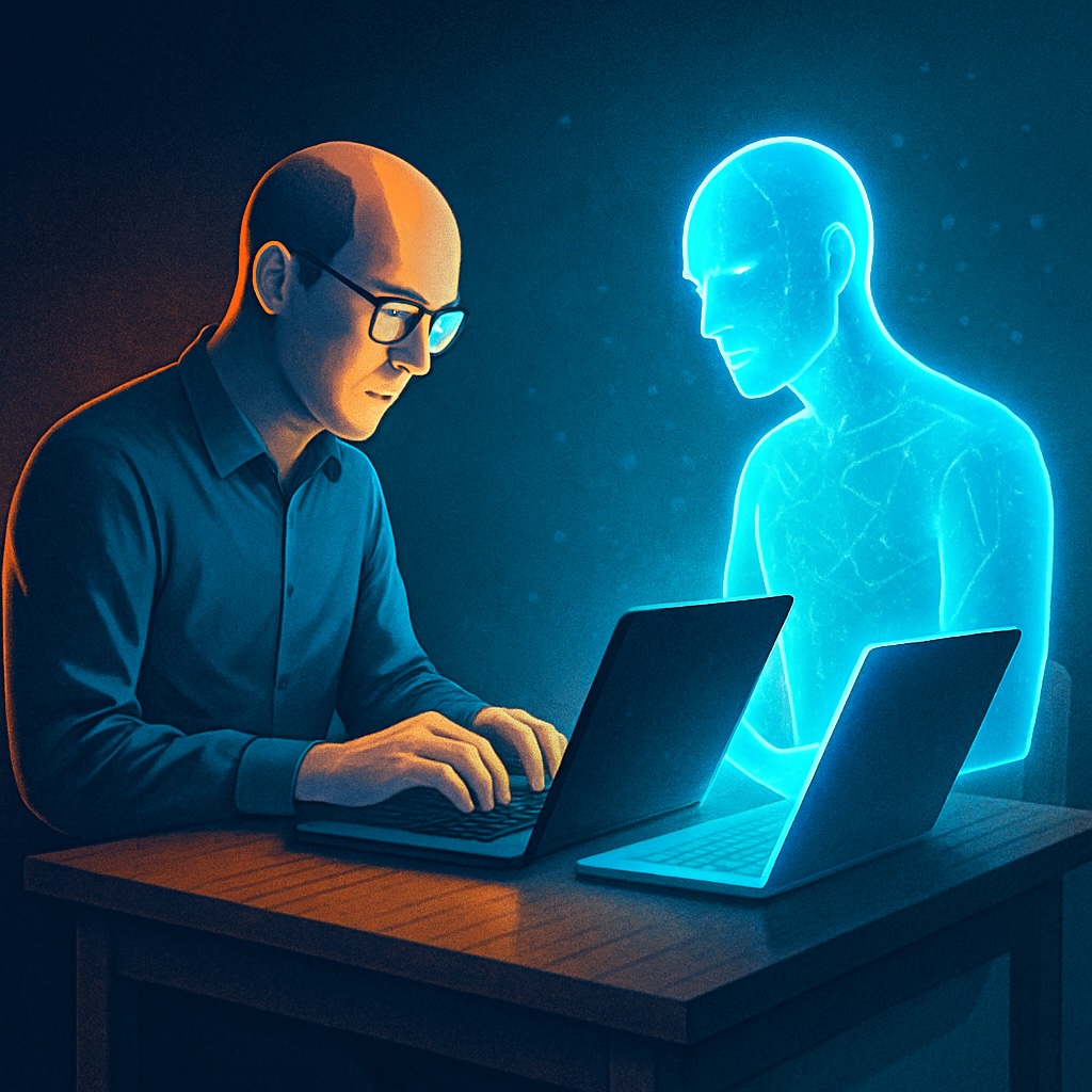 IMAGE: A human writer typing beside a glowing blue digital clone, both working at laptops symbolizing human–AI collaboration 