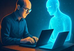 IMAGE: A human writer typing beside a glowing blue digital clone, both working at laptops symbolizing human–AI collaboration