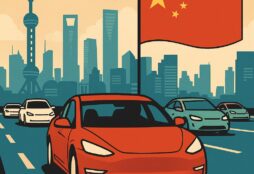IMAGE: A red electric car drives through a Chinese city with other EVs under a large Chinese flag, symbolizing the nation’s rapid rise and current saturation in the electric vehicle market