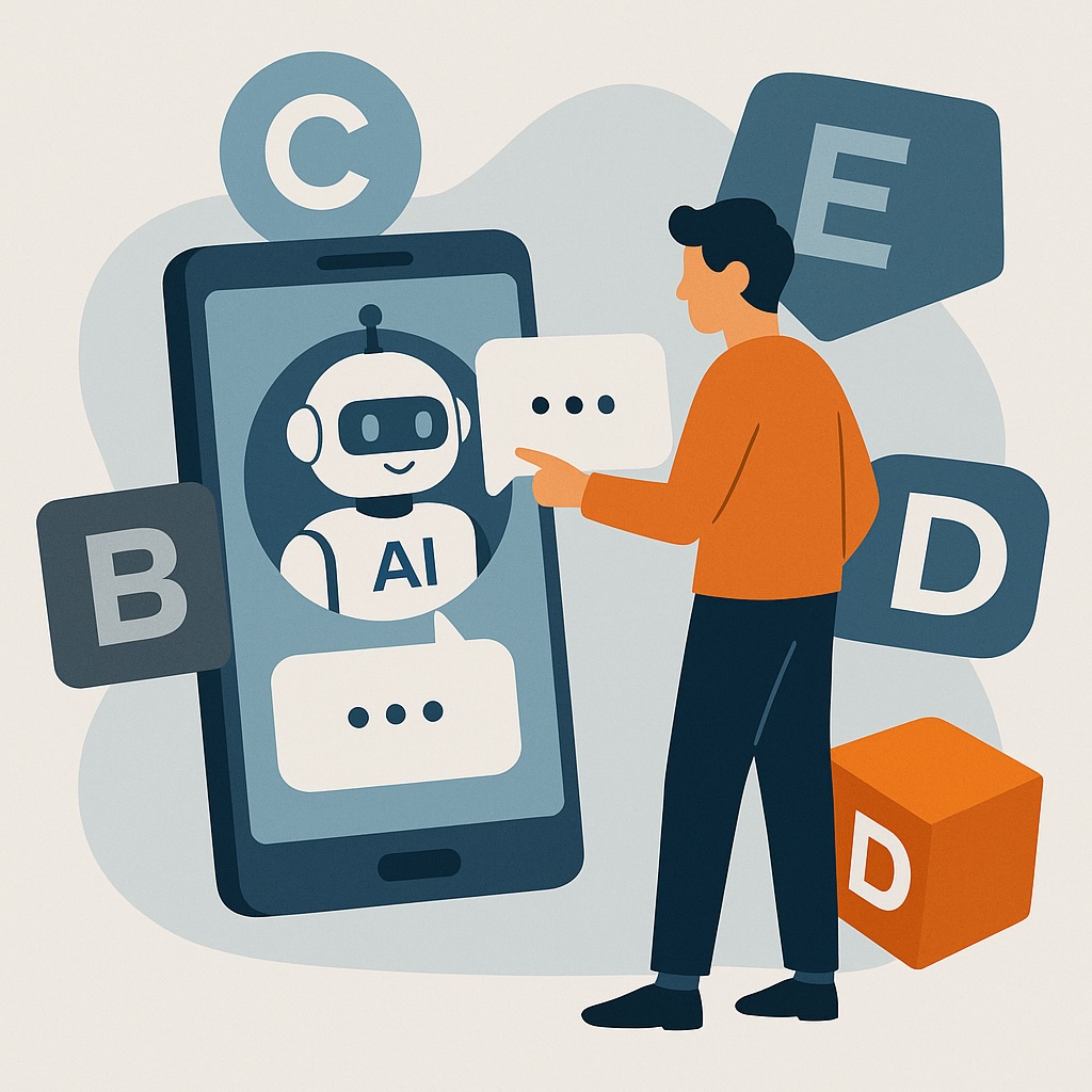 IMAGE: A person chatting with an AI robot on a phone, surrounded by floating brand icons representing the new obsession with AI visibility 