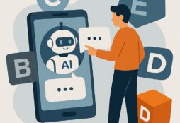 IMAGE: A person chatting with an AI robot on a phone, surrounded by floating brand icons representing the new obsession with AI visibility