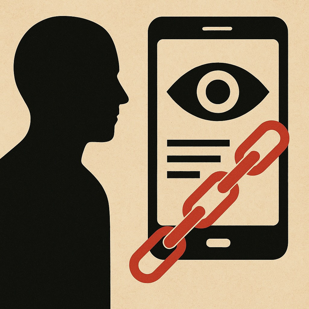 IMAGE: A minimalist illustration showing a person chained to a smartphone displaying an eye symbol, representing how users are trapped in Google's pervasive surveillance-based advertising system 