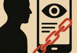 IMAGE: A minimalist illustration showing a person chained to a smartphone displaying an eye symbol, representing how users are trapped in Google’s pervasive surveillance-based advertising system