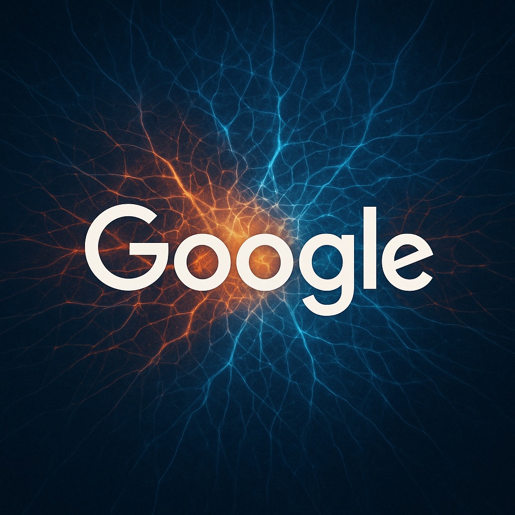 IMAGE: A glowing neural network radiates from behind the Google logo, with orange and blue energy streams symbolizing Google's AI resurgence 